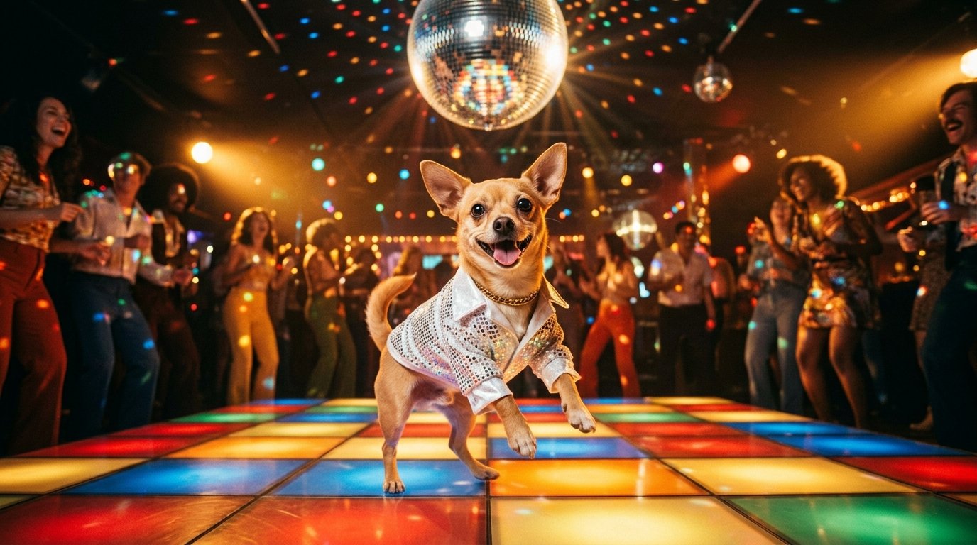A chihuahua in a white disco suit dancing under a disco ball